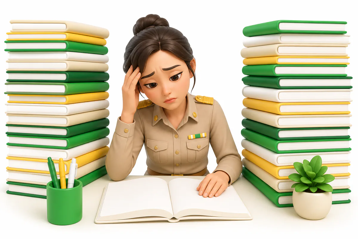 ครูนั่งปวดหัวตรวจสมุดการบ้านที่กองอยู่เต็มโต๊ะ